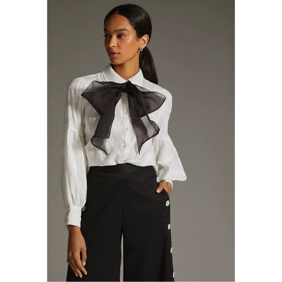 Anthropologie Tops - Anthropologie Forever That Girl Tie-Neck Long Sleeve Blouse in White & Black